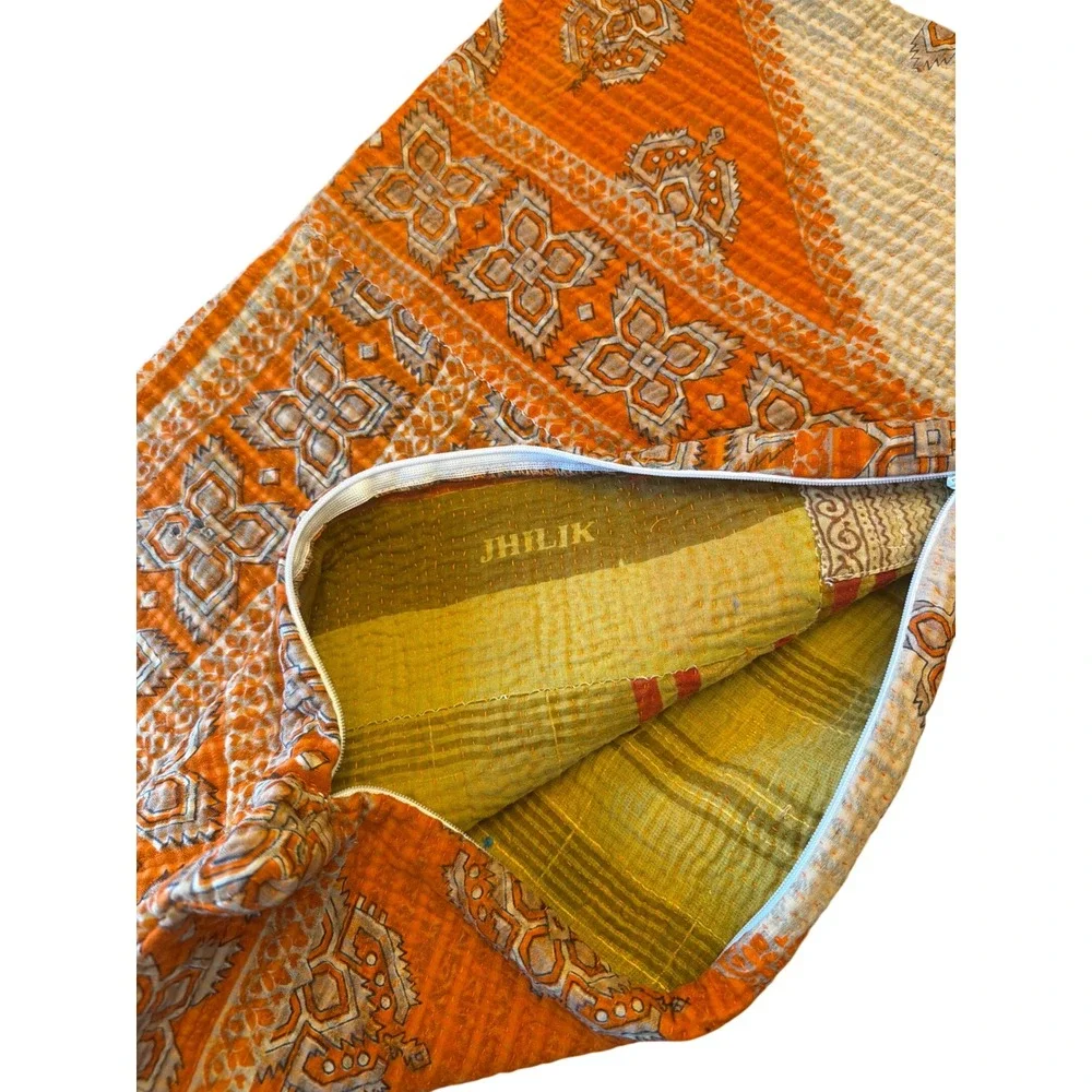 Kantha Pillow Cover Orange Cream Medallion Hand Stitched Boho 12x20